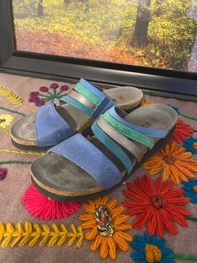 Naot Multi-Strip Slide Sandals in Blue and Teal, nice condition
